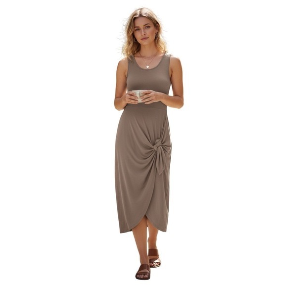 Final Touch Dresses & Skirts - Taupe Knot Front Midi Dress Minimalist Sleeveless Modal Blend Neutral Medium‎